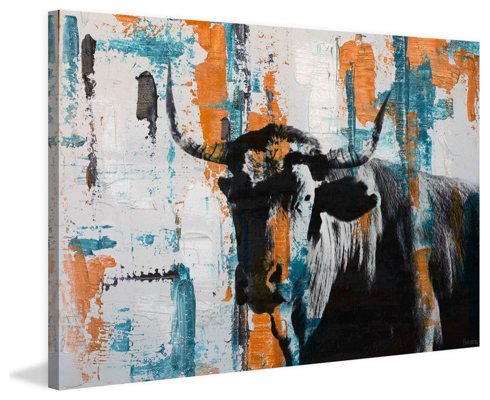 "Orange Teal Steer" Painting Print on Wrapped Canvas, 36"x24"