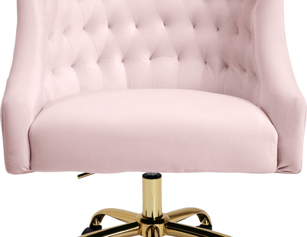Arden Swivel and Adjustable Velvet Upholstered Office Chair, Pink, Gold Base