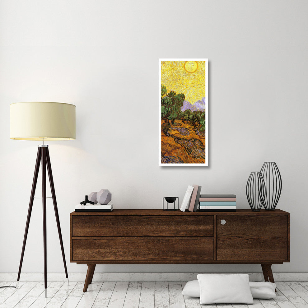 "Olive Trees With Yellow Sky And Sun (center)" Paper Art, 19"x42"