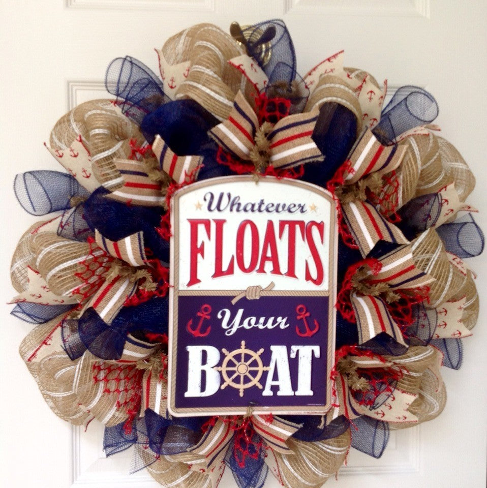 Whatever Floats Your Boat Nautical Sailing Wreath Handmade Deco Mesh