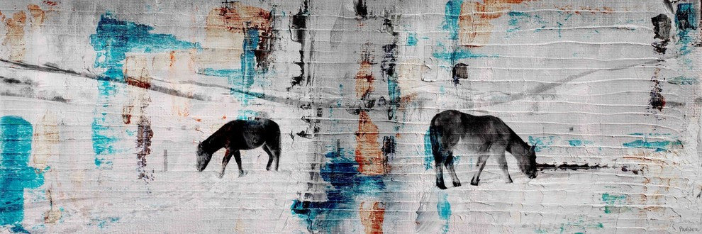 "Two Horses Grazing" Painting Print on Wrapped Canvas, 30"x10"