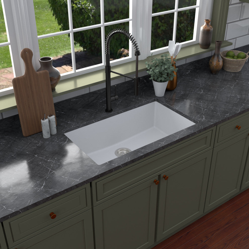Karran QU-812 Undermount 32.5" Large Single Bowl Quartz Sink Kit, White