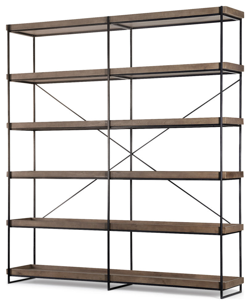 88" Black And Brown Iron and Wood Five Tier Bookcase