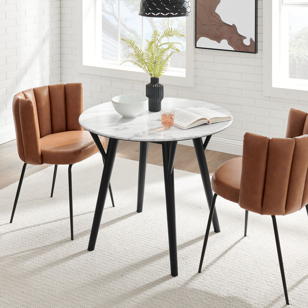 36" Dining Table, Round, White Black, Wood, Artificial Marble, Modern