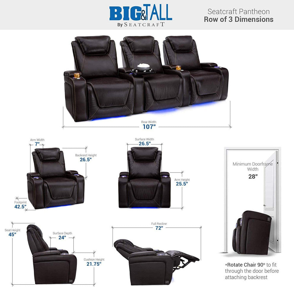 Seatcraft Pantheon Home Theater Seating, Brown, Row of 3