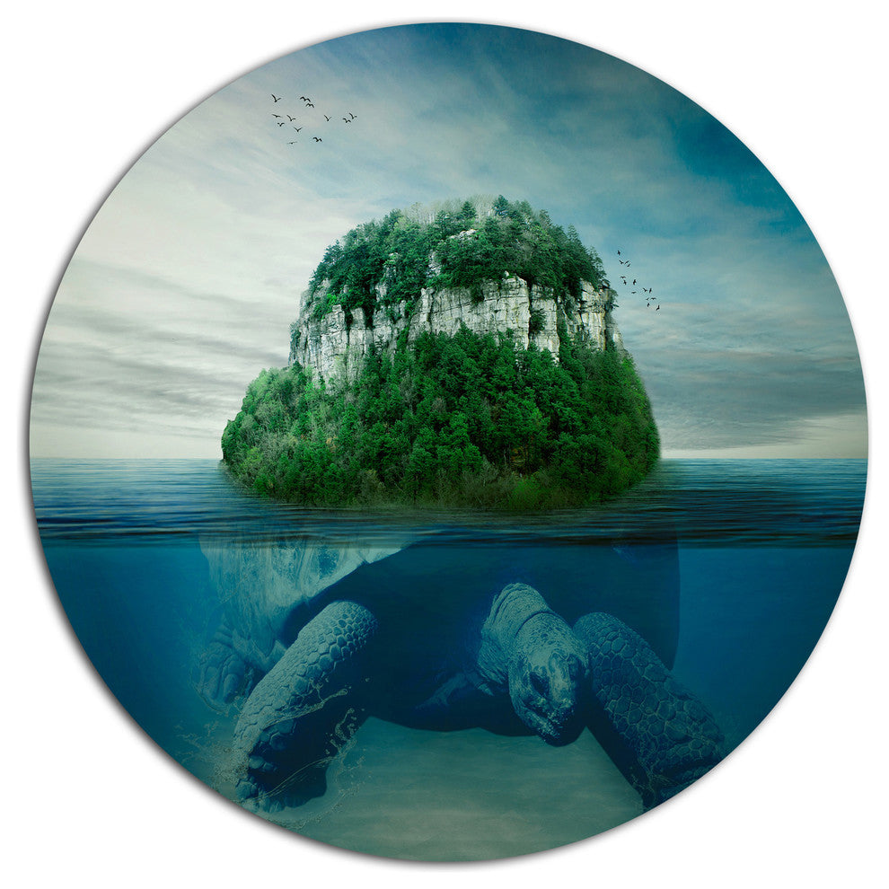 Giant Turtle Carrying Island, Abstract Disc Metal Artwork, 23"