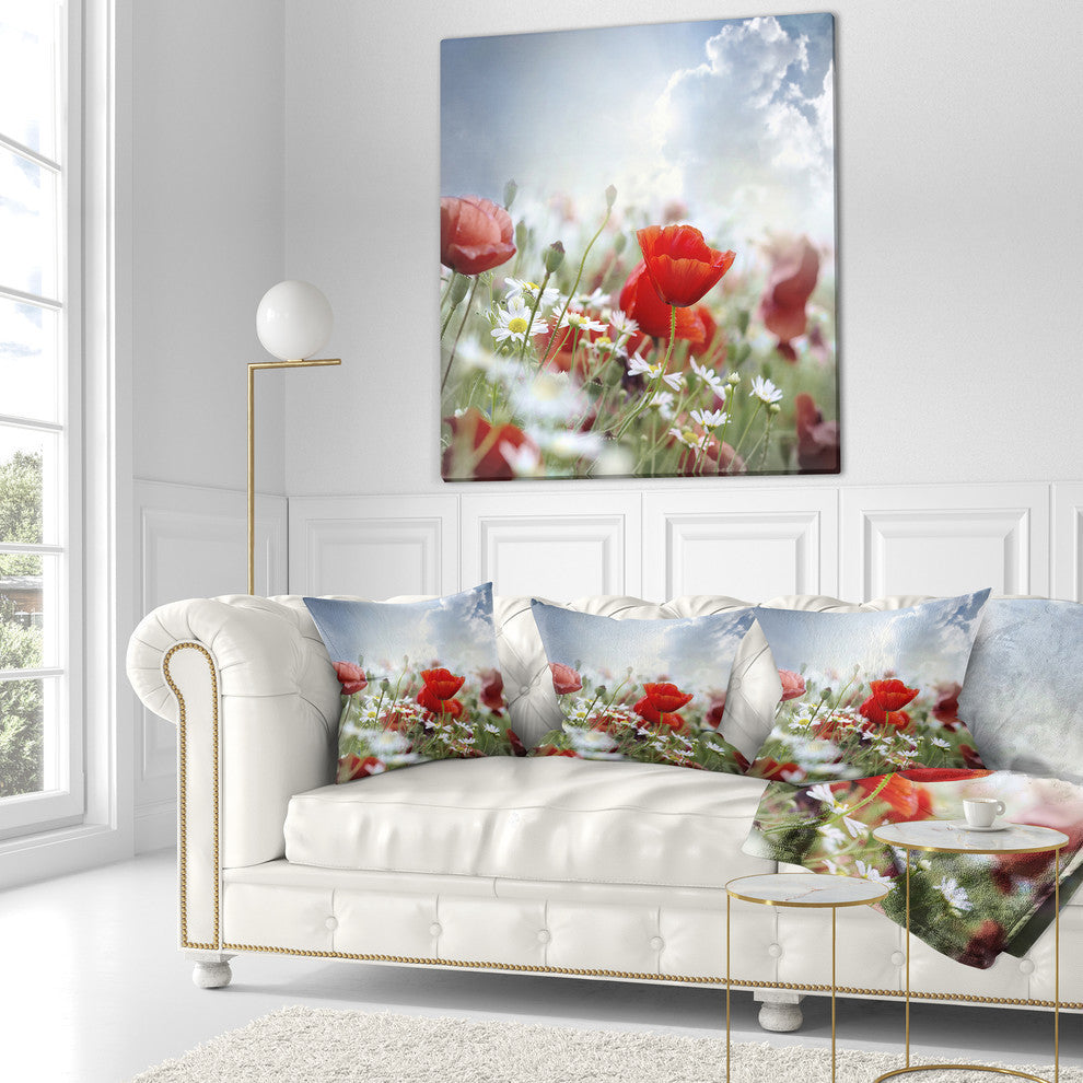 Red Poppies On Cloudy Background Floral Throw Pillow, 16"x16"