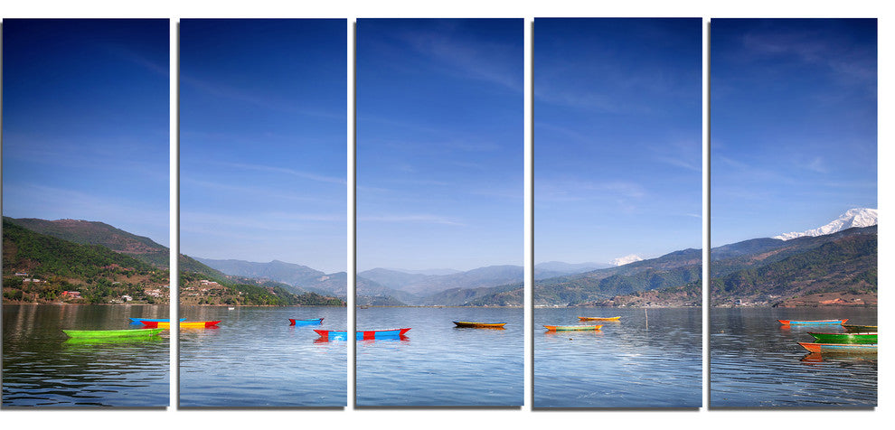 Boats in Pokhara Lake, Modern Seashore Canvas Wall Art, 60"x28", 5 Panels