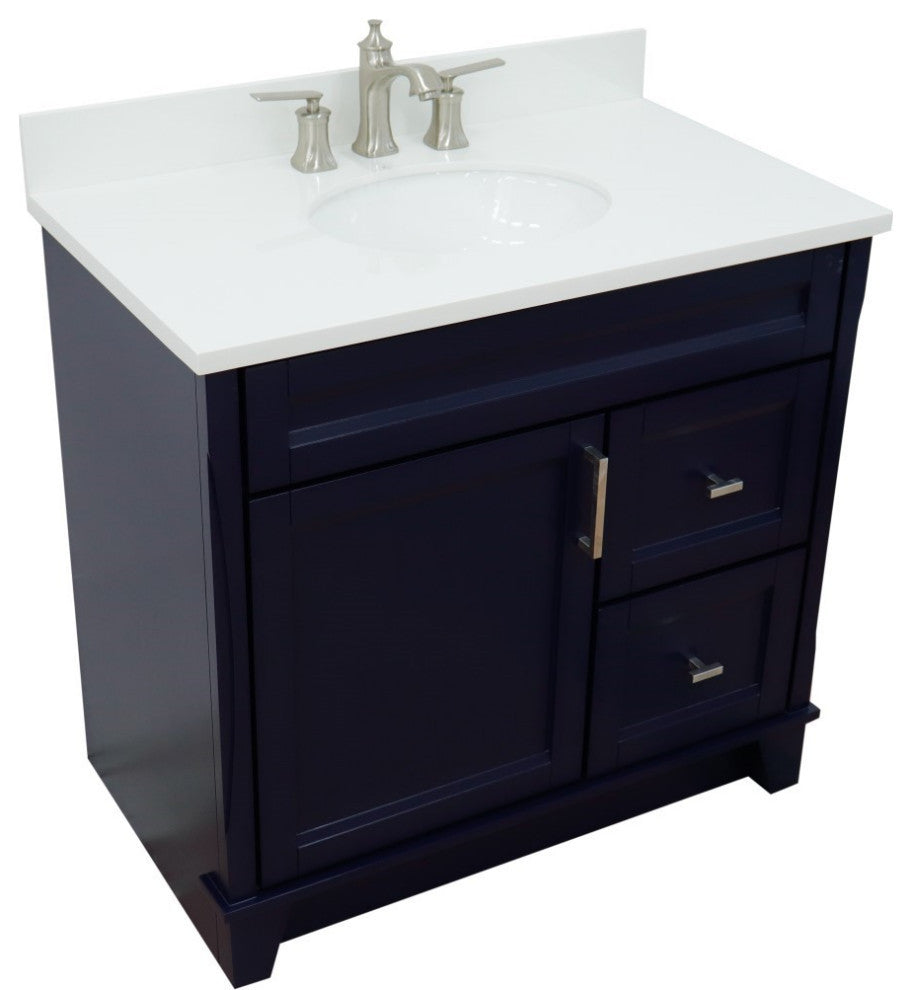 37" Single Sink Vanity, Blue Finish With White Engineered Stone Top