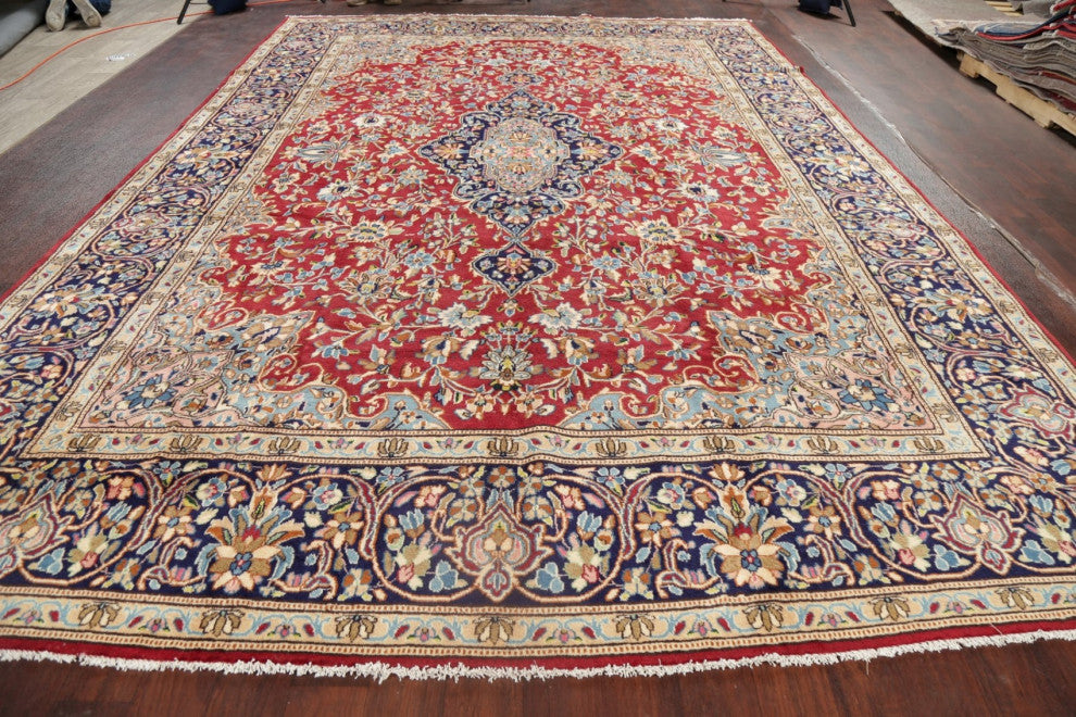 Kerman Oriental Hand-Knotted Traditional Persian Area Rug, Red, 13'7"x9'7