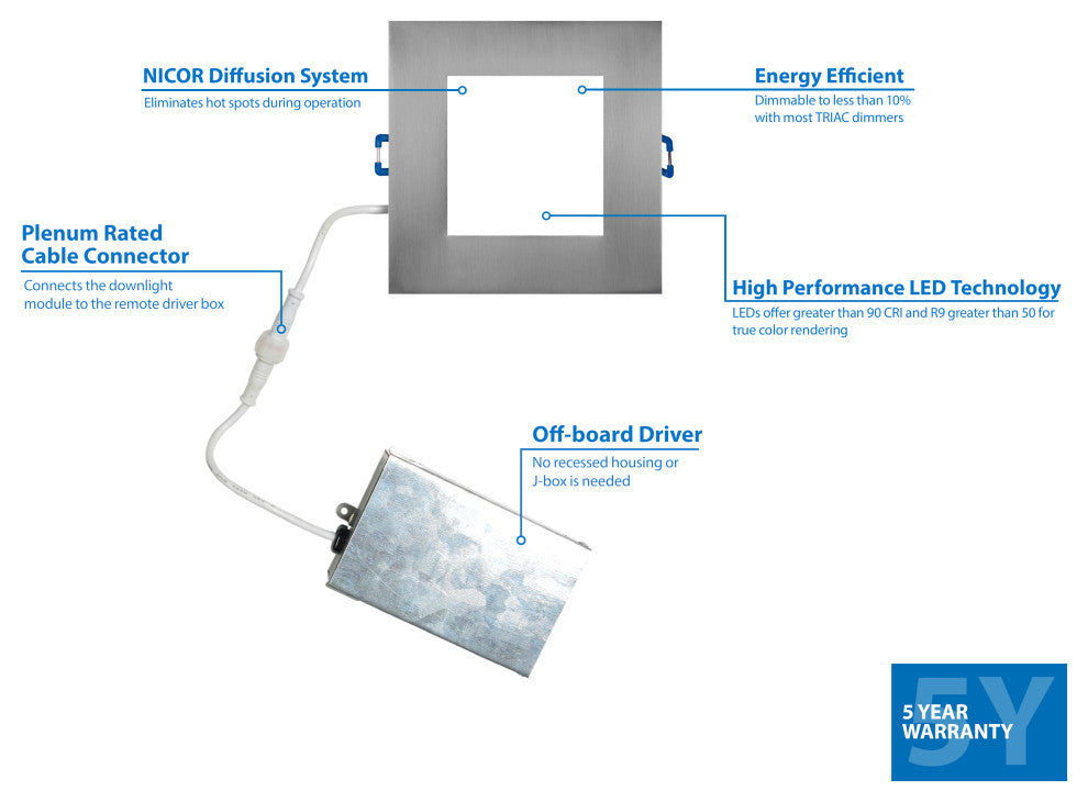 DLE6 Series 6" Square Downlight, Nickel, 3000k
