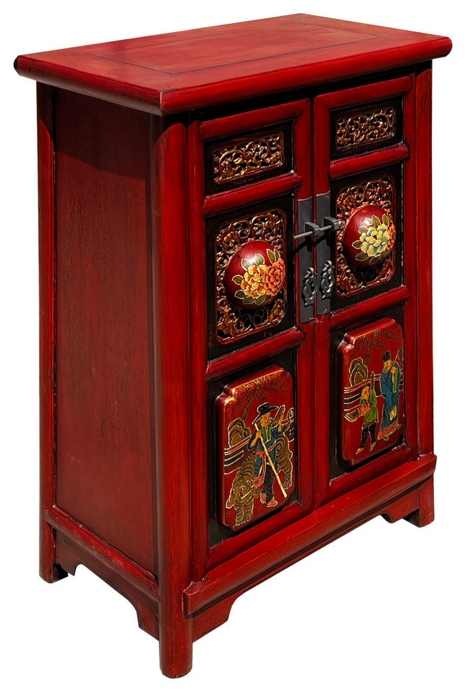 Chinese Distressed Brick Red Carving Tall Side End Table Nightstand Hcs7611
