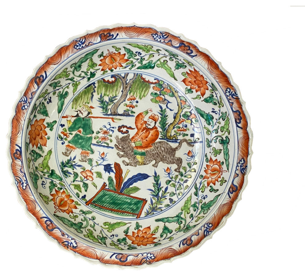 Chinese Orange White Porcelain People Scenery Display Charger Plate Hcs7437