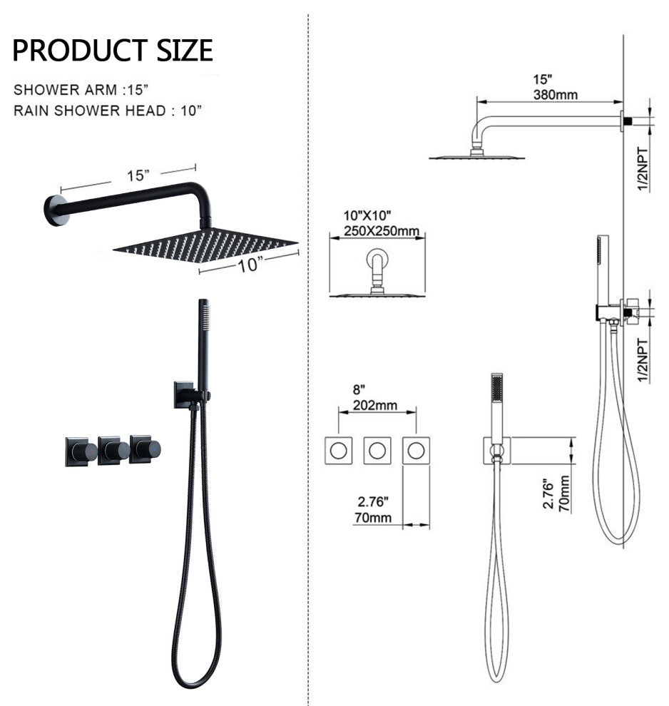 10" wall-mounted rain shower head set, Matte Black
