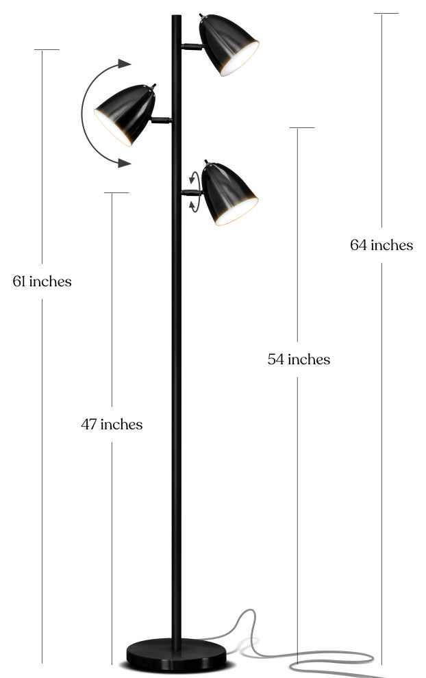 Brightech Jacob, LED Floor Lamp, Modern Adjustable 3 Light Tree, Black