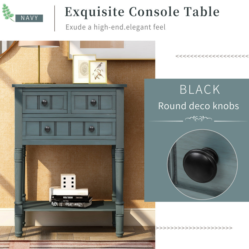 Narrow Console Table with Three Storage Drawers, Navy