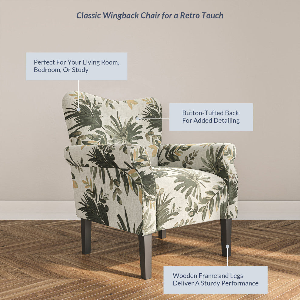 High Wingback Linen Armchair, Green Floral