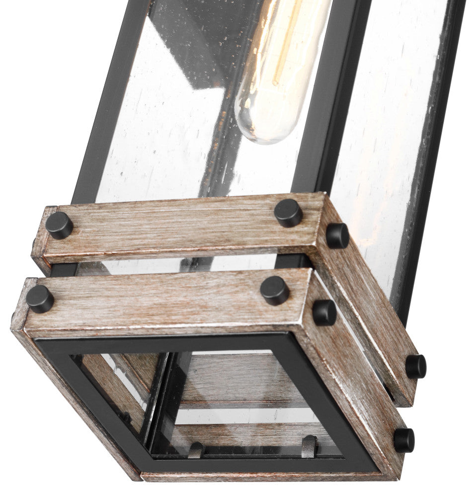 Homestead 1-Light Medium Wall Lantern, Matte Black/Wood/Clear Seed