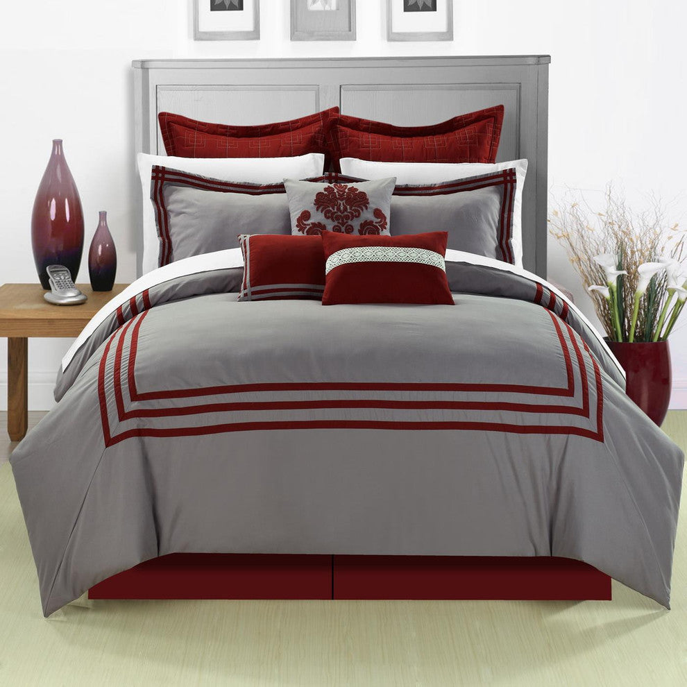 Cosmo Red King 12-Piece Embroidered Comforter Bed In A Bag With Sheet Set