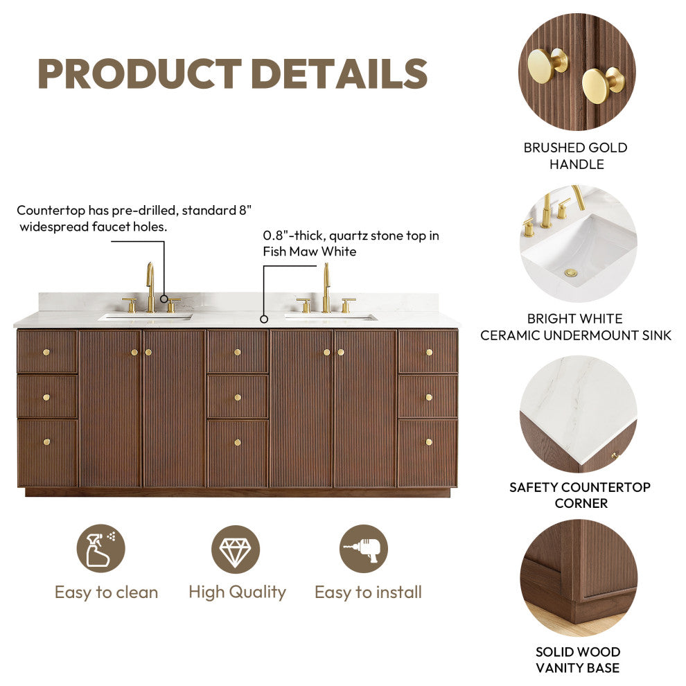 Oza Bath Vanity with Quartz Stone Top, Aged Dark Brown Oak, 84", Double Vanity, No Mirror