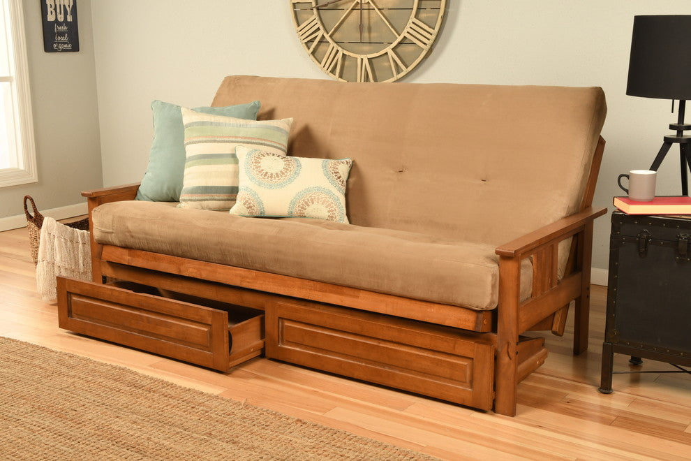 Caleb Frame Futon With Barbados Finish, Storage Drawers, Suede Peat