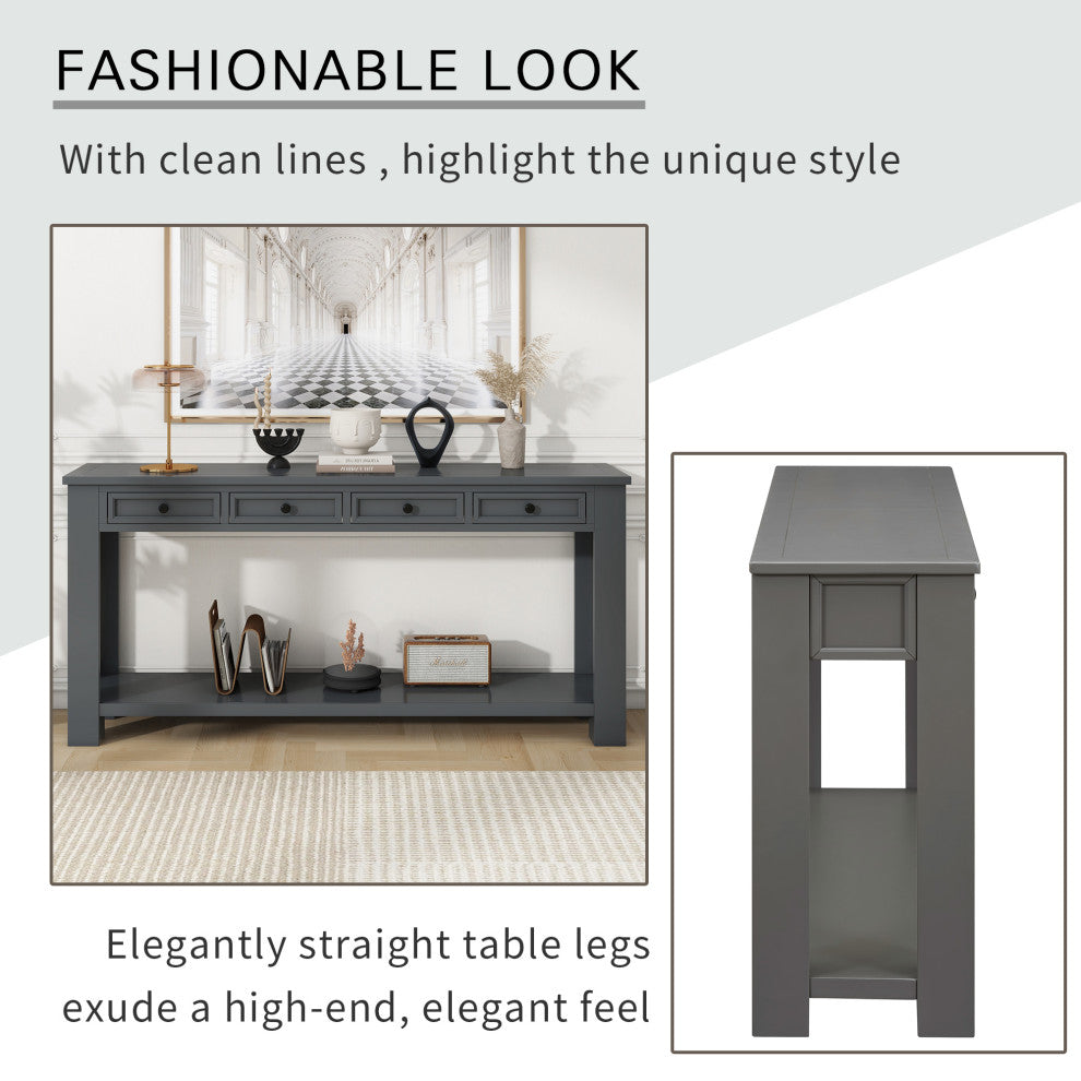 63"x30" Rustic Chic Console Table with Drawers and Shelf for Entryway Hallway, Tan