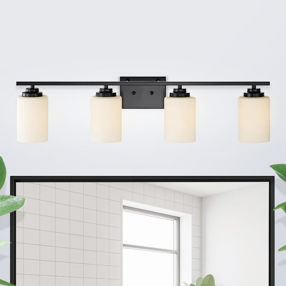 4-Light Matte Black Vanity With Etched White Glass Shades