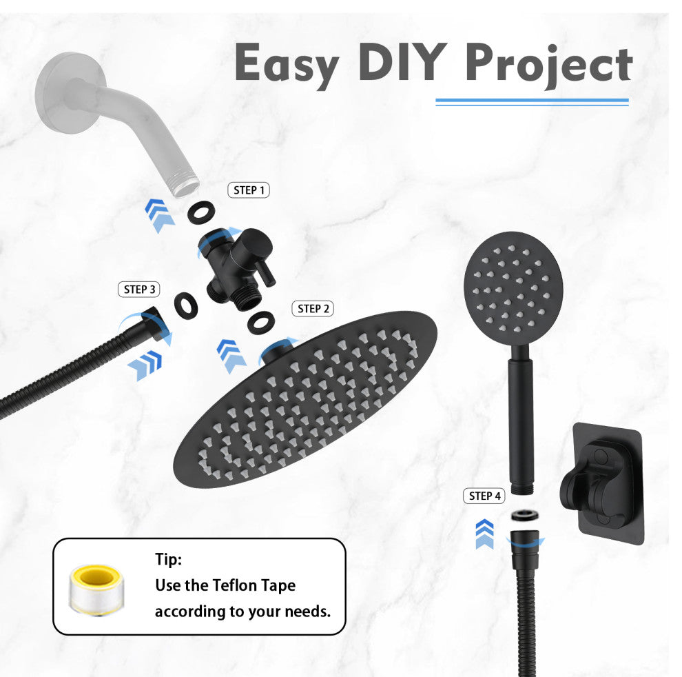 Full Metal Round Hand Shower, High Pressure 8'' Stainless Steel Rain Shower Set, Matte Black