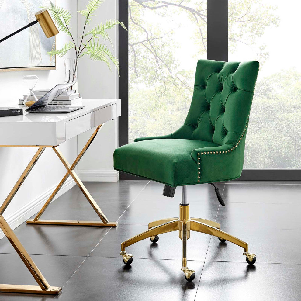 Computer Work Desk Tufted Chair, Velvet, Gold Green, Home Business Office
