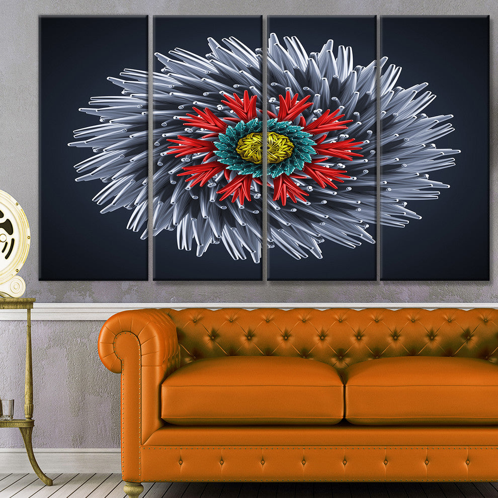 Abstract Silver 3D Flower, Abstract Canvas Art Print, 48"x28", 4 Panels