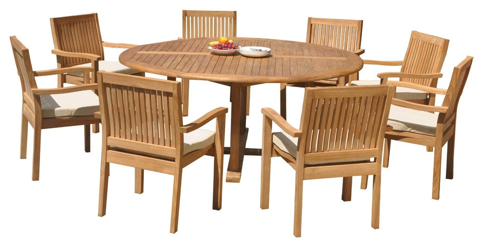 9-Piece Outdoor Teak Dining Set: 72" Round Table, 8 Leveb Stacking Arm Chairs