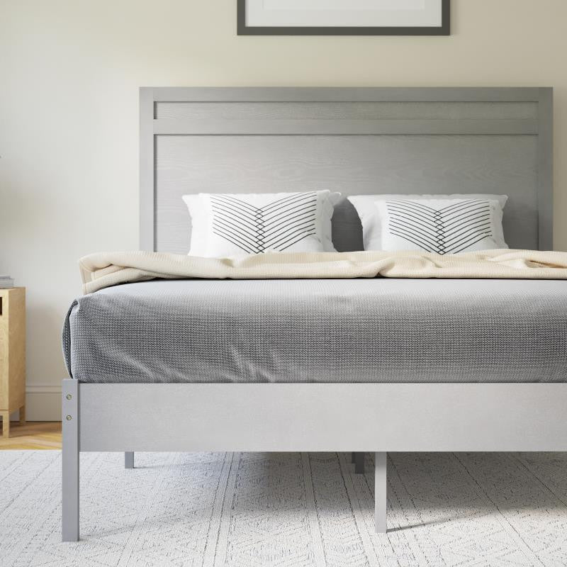 Kingston Solid Wood Platform Bed with Wooden Slats and Headboard, Gray, Full