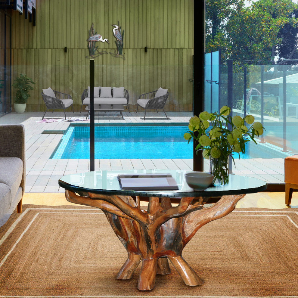 Rustic Teak Wood Root Round Coffee Table Including 43 Inch Glass Top