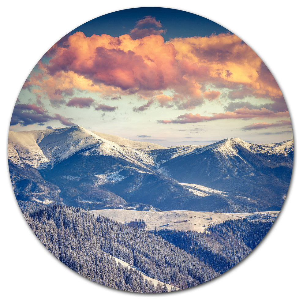 Winter Alpine Sunset Over Hills, Landscape Art Round Metal Artwork, 11"