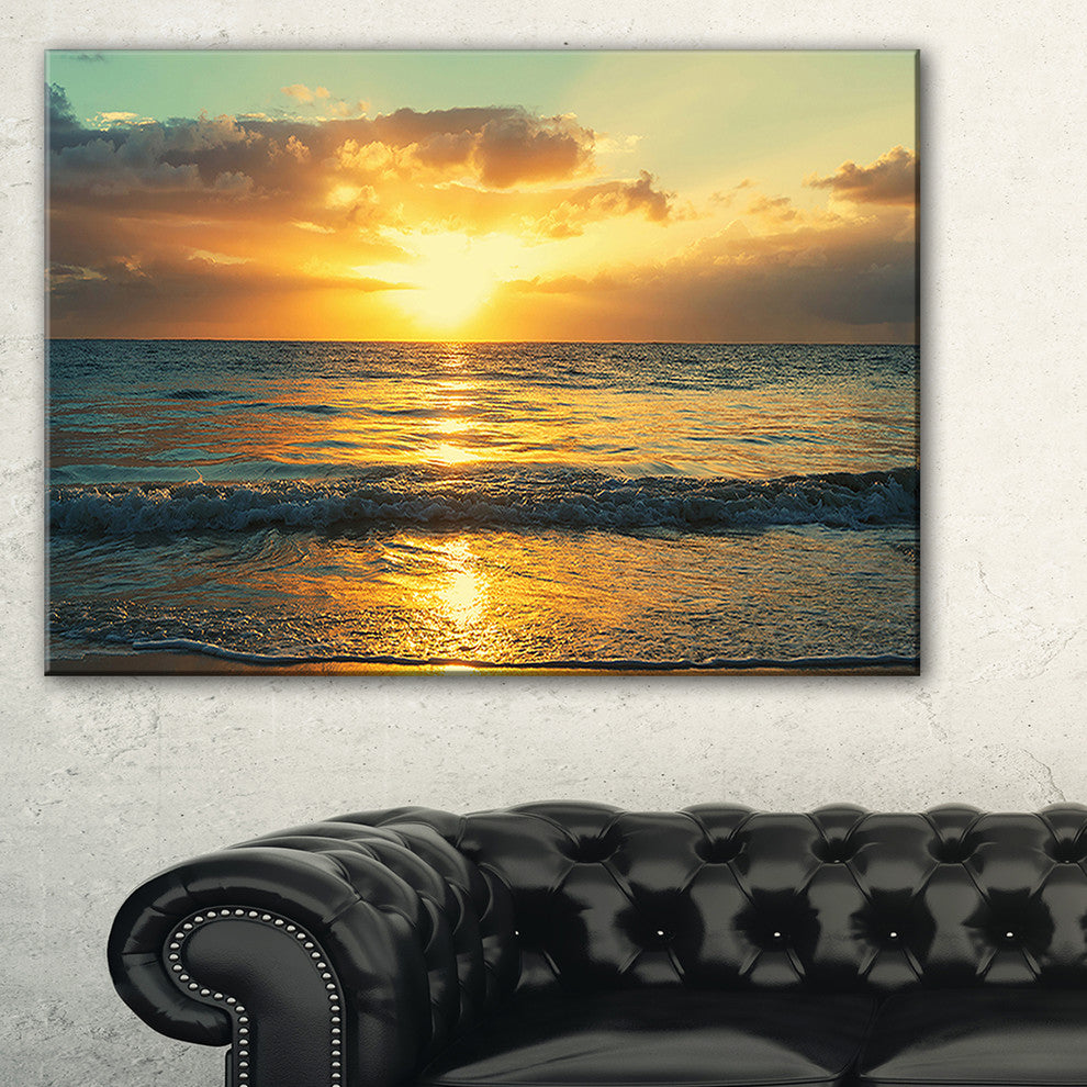 "Exotic Water And Sky Sunset Panorama" Modern Seashore Canvas Art, 40"x20"