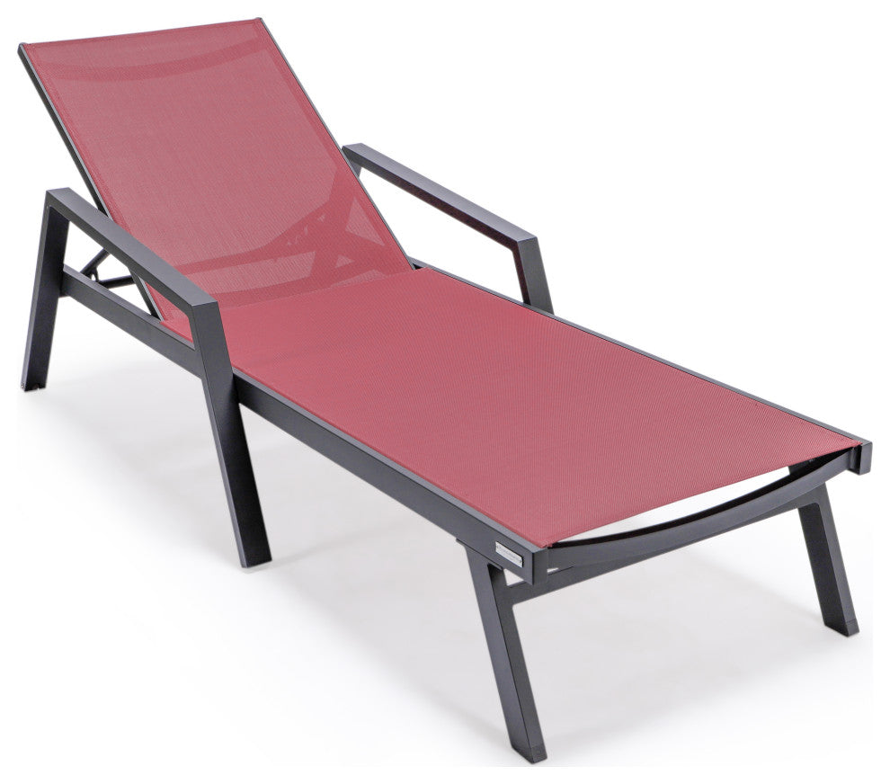 LeisureMod Marlin Chaise Lounge Chair With Arms and Fire Pit Table, Burgundy