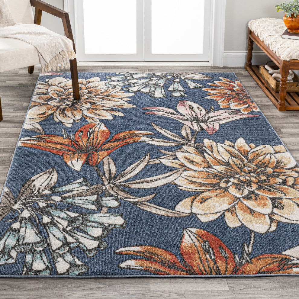 Giglio Modern Botanical Flower Area Rug, Blue/Orange/Cream, 3 X 5