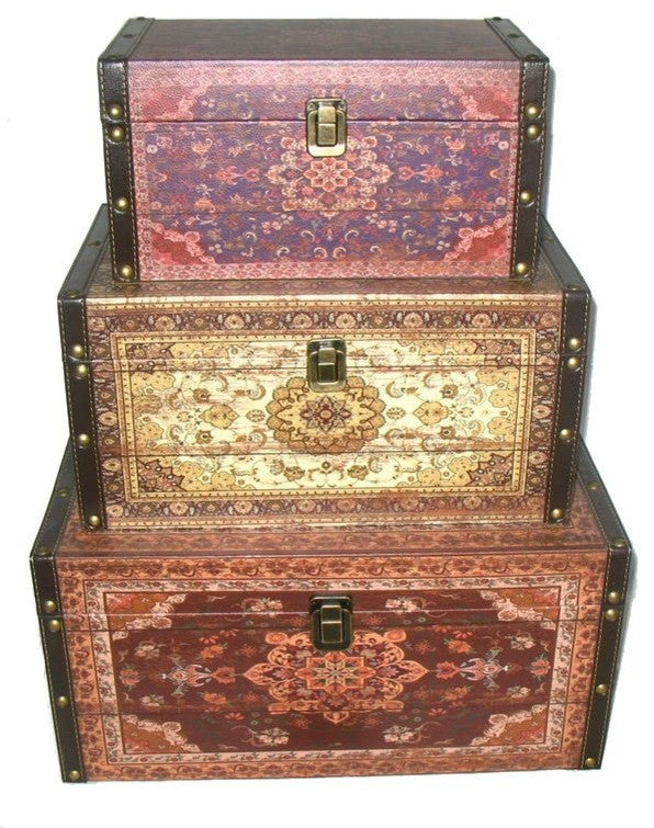 Oriental-Style Earth Tones Decorative Storage Boxes, Red/Brown/Creme, Set of 3