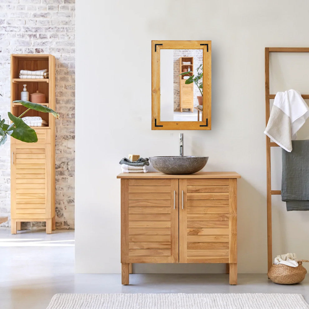 Natural Wood Framed With Metal Corner Bracket Mirror, Light