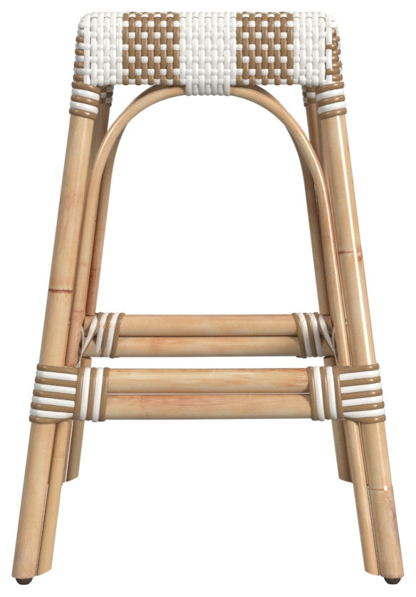 Robias Rectangular Rattan 24.5" Counter Stool, Beige Stripe