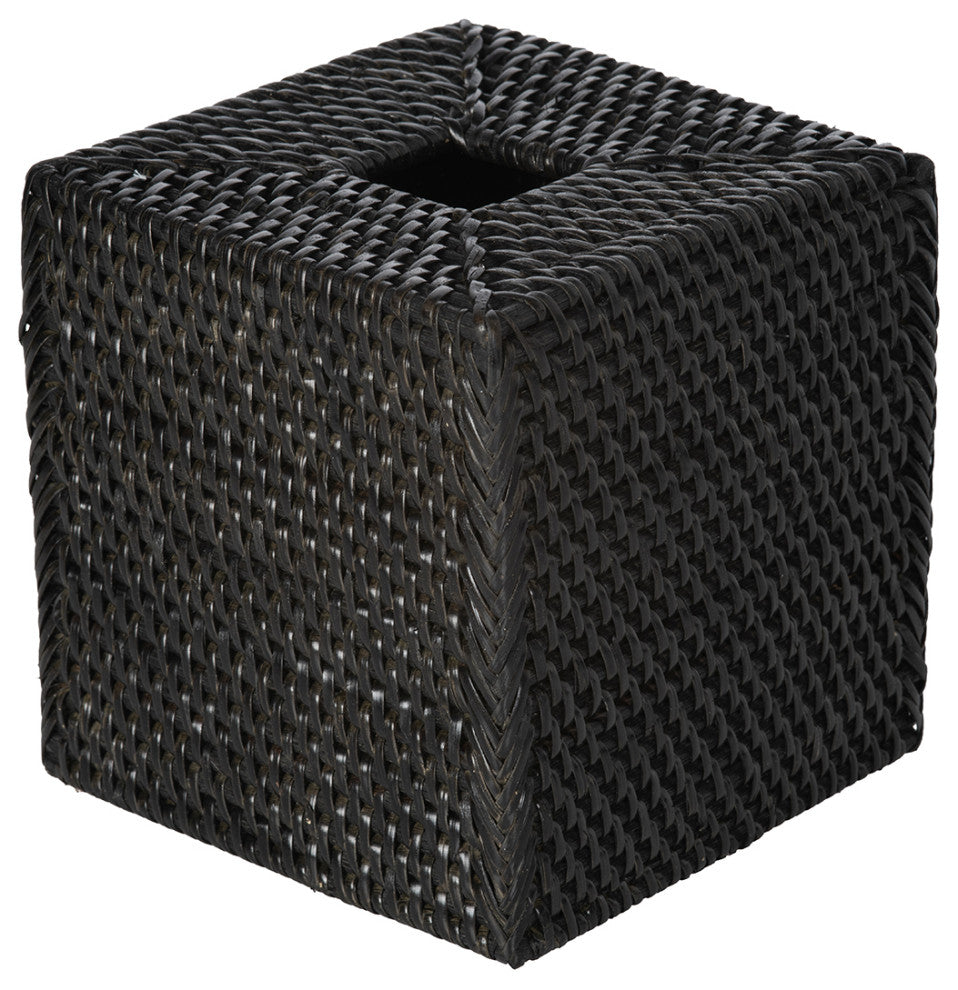 Loma Square Rattan Tissue Box Cover, Solid Black