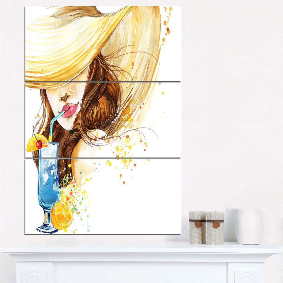 "Woman With Fruit Cocktail" Glossy Metal Wall Art, 3 Panels, 28"x36"