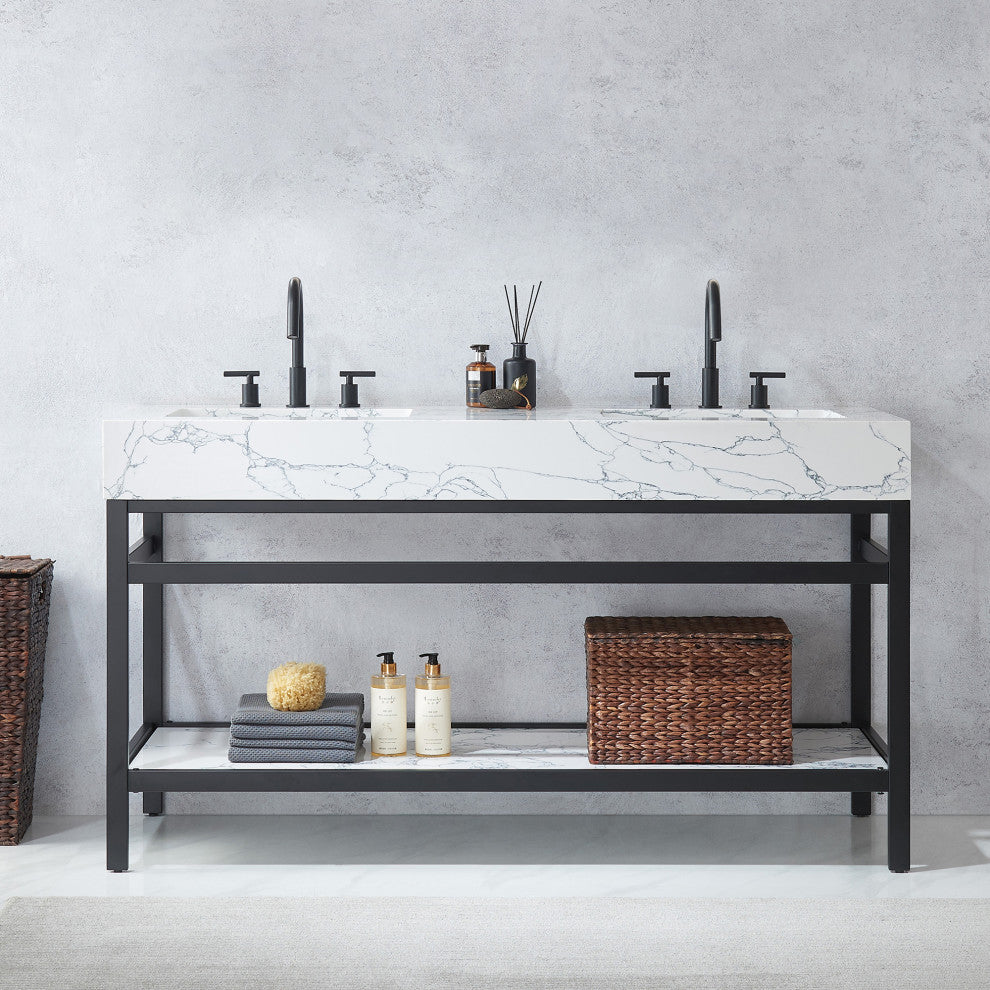 Ecija Bath Vanity, Metal Support with Stone Top, Matte Black, 60 in. Double Sink, No Mirror