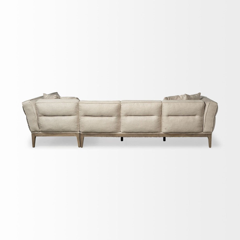 Denali III Beige Fabric, Solid Wood Frame Sectional Sofa, Cream/Brown, Right