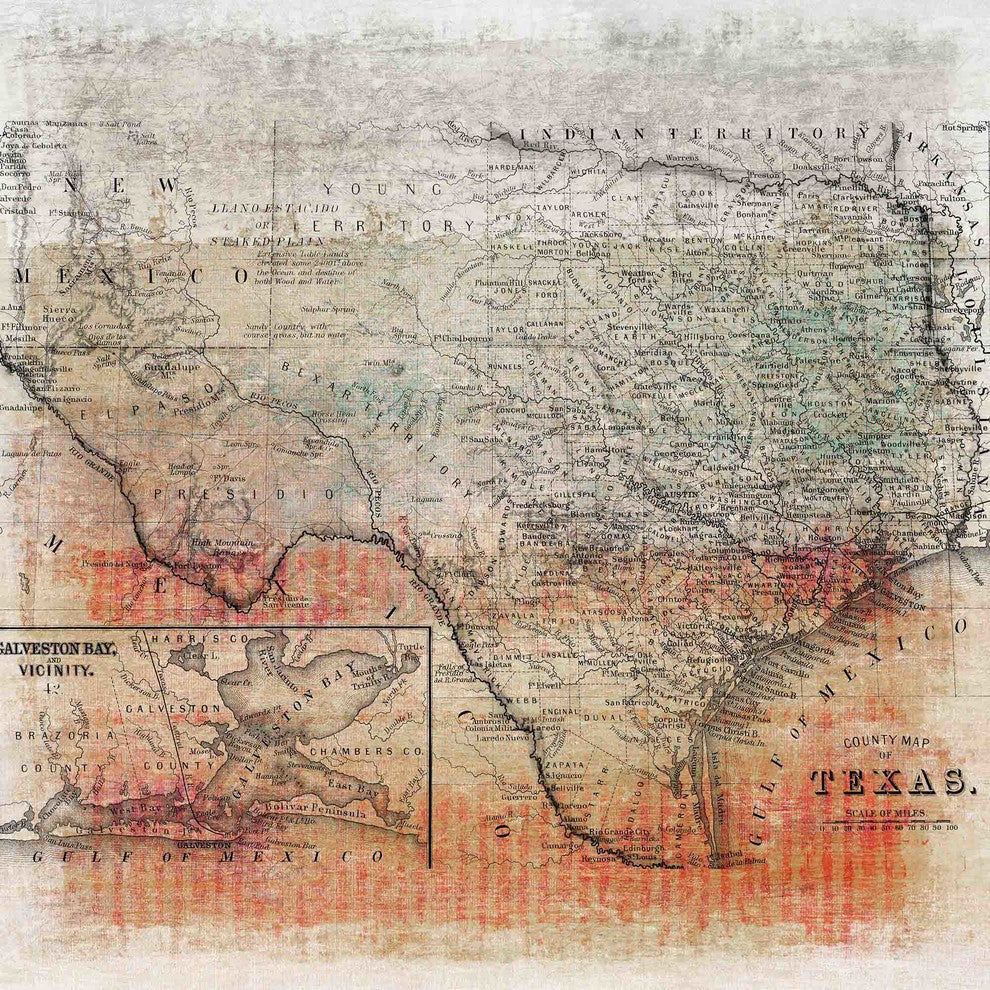"Texas Map" Fine Art Canvas Print, 32"x32"