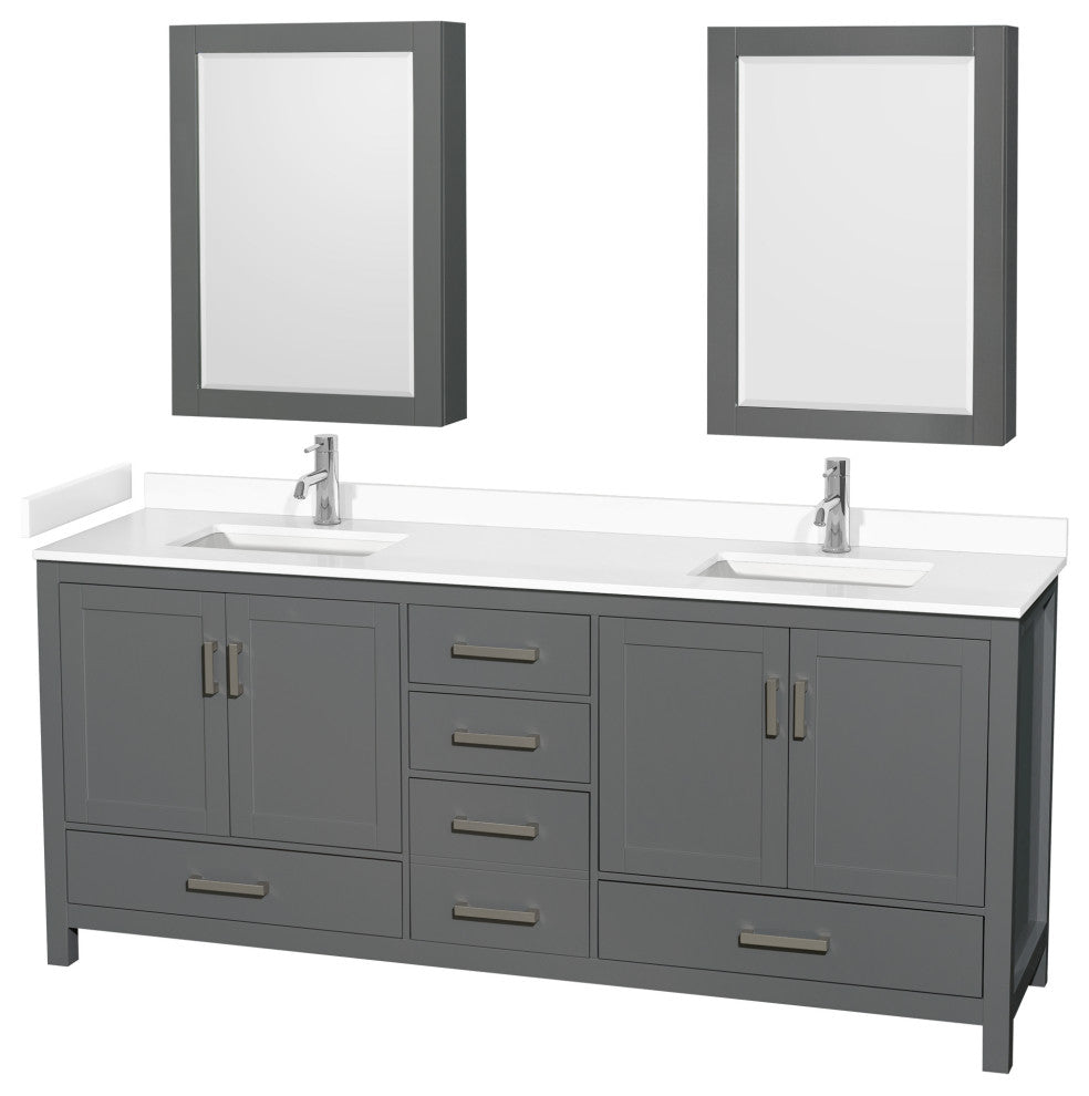 80"DBL Vanity Dark Gray, White Cult. Marble Countertop, Sinks, Med. Cabinets
