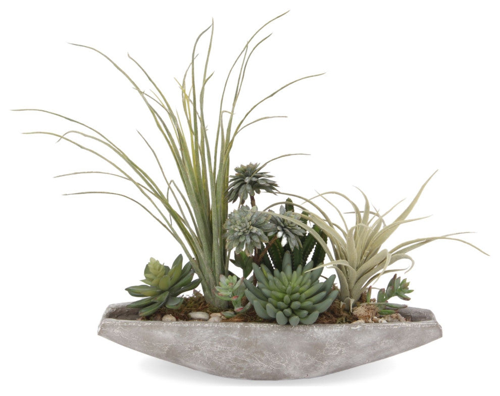 Artificial Succulents Arrangement in Cement Boat Pot