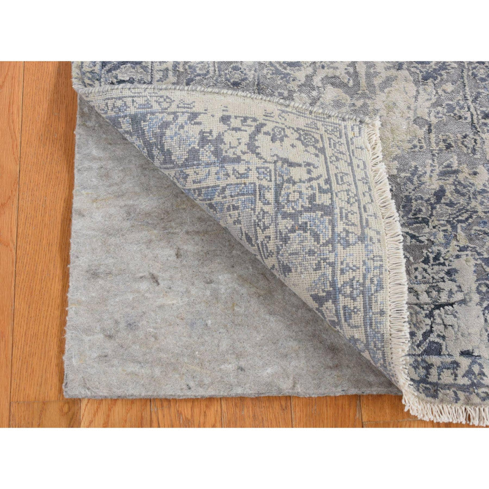 Gray, Erased Kashan Design, Wool With Silk Hand Knotted Runner Rug, 2'6"x9'10"