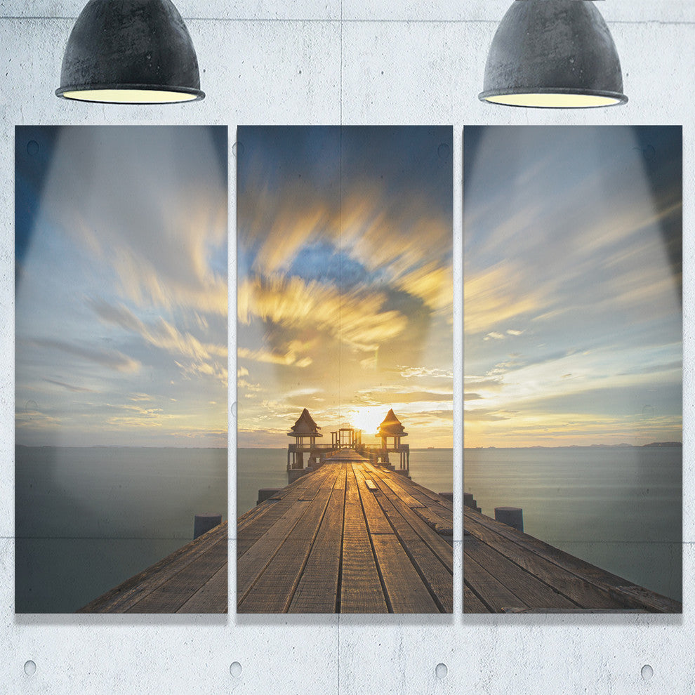 "Wooden Bridge Under Dramatic Sky" Sea PierMetal Wall Art, 3 Panels, 36"x28"