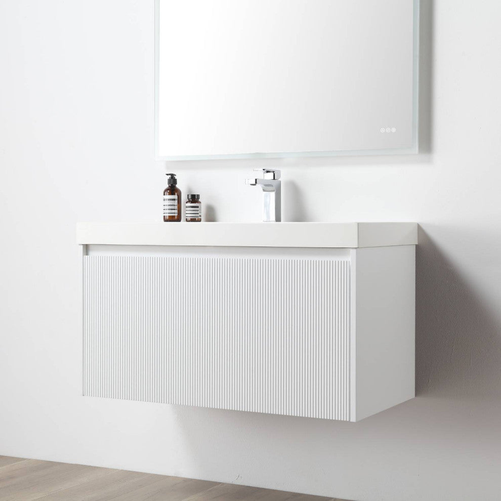 Floating Bathroom Vanity with Sink, Wall Mounted Vanity, White, 36" W/ Sink, Side Cabinet